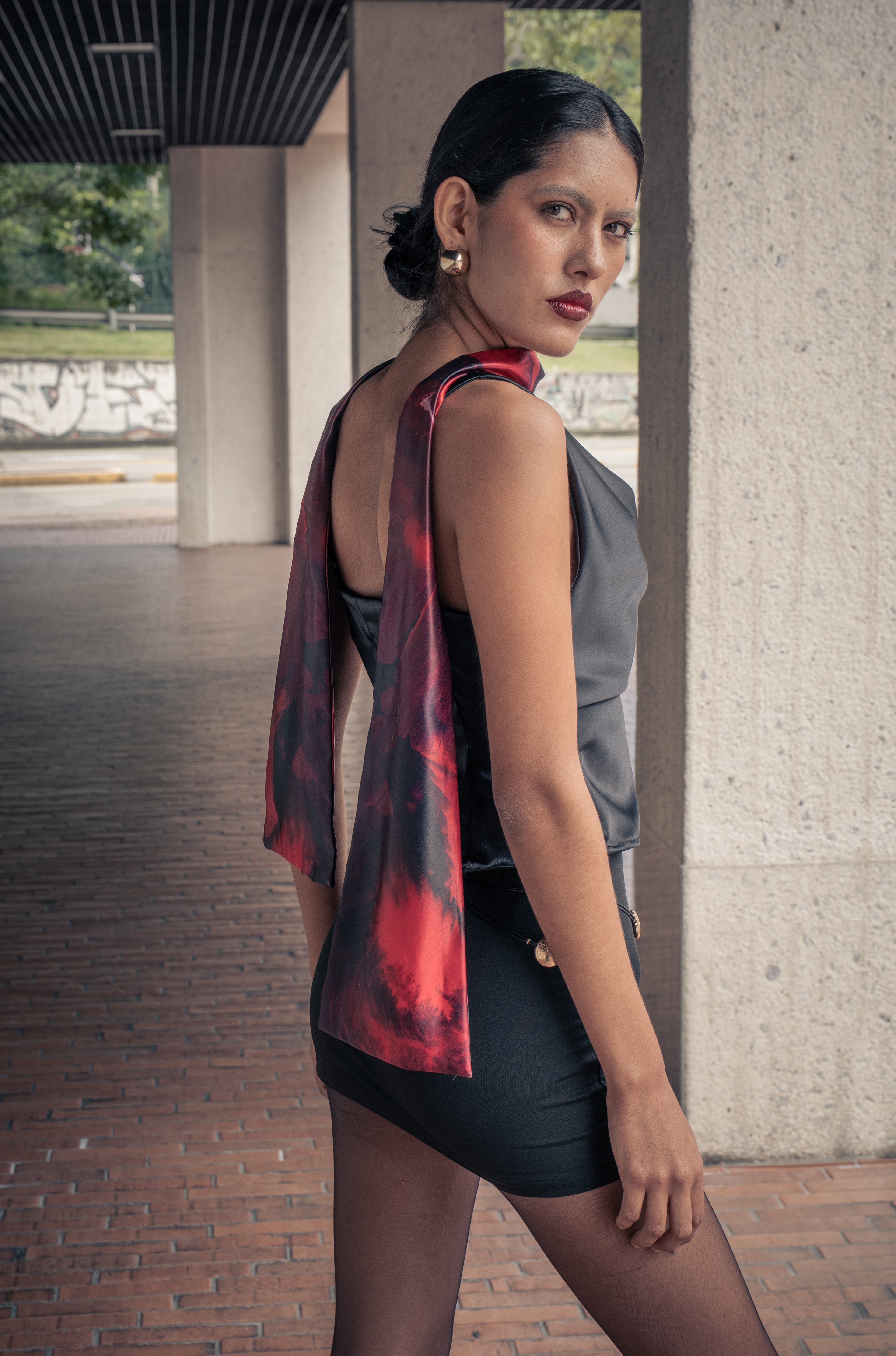 Black Marbled Scarf Top